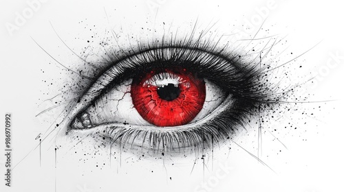 Artistic depiction of an eye with a striking red iris and intricate details.