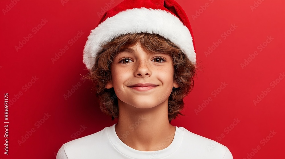 Young man wearing a red hat and smiling. He is standing in front of a wall. The wall is blue and has a red stripe. smiling boy wearing santa claus hat Young man wearing a red hat and smiling. He is standing in front of a wall. The wall is blue and has a red stripe. smiling boy wearing santa claus hat