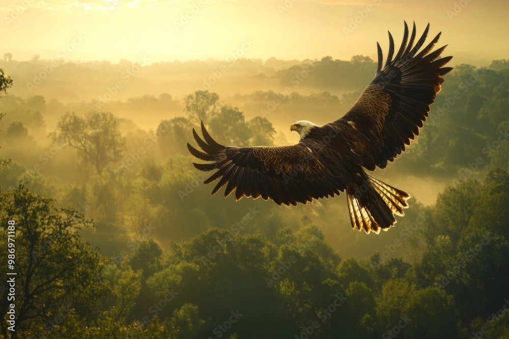 Obraz premium Majestic eagle soaring over a misty landscape at dawn. This image captures the beauty of nature and wildlife. Perfect for nature enthusiasts and photographers. Generative AI