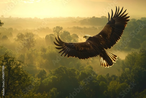 Majestic eagle soaring over a misty landscape at dawn. This image captures the beauty of nature and wildlife. Perfect for nature enthusiasts and photographers. Generative AI photo