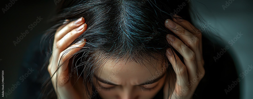 Fototapeta premium Asian women facial problem A contemplative moment capturing a woman in distress, emphasizing emotion and reflection in a dimly lit environment.