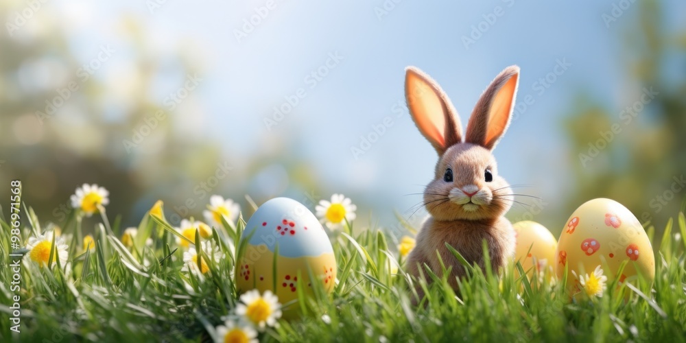 Easter bunny in green grass with painted eggs, sunny day, egg hunt, Happy Easter banner background Easter bunny in green grass with painted eggs, sunny day, egg hunt, Happy Easter banner background