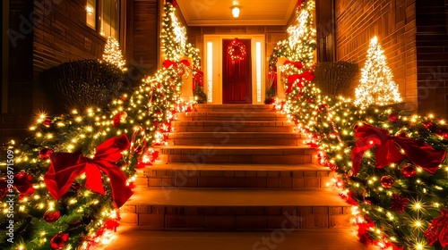 A house decorated for Christmas with lights and decorations on the steps