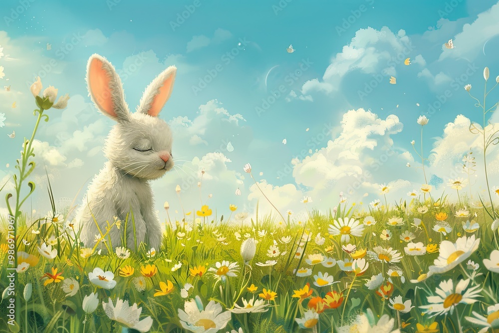 Fototapeta premium A cute white rabbit with blue eyes in the center of an Easter landscape, surrounded by colorful eggs and flowers, with trees and clouds in the background, cartoon style, bright colors, digital art