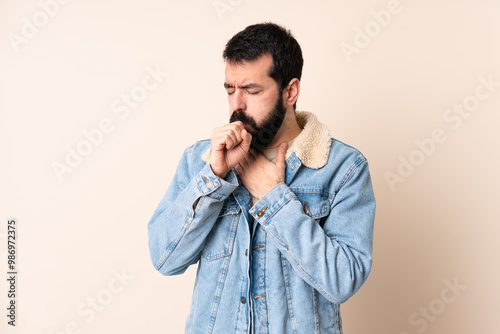 Caucasian man with beard over isolated background coughing a lot