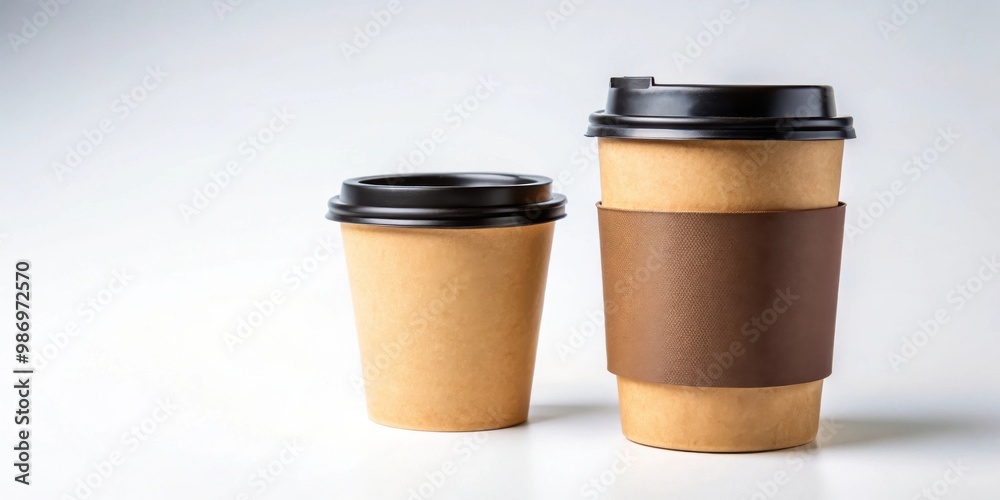 Blank paper brown coffee cup with black cover craft cup holder and beans on white background Blank paper brown coffee cup with black cover craft cup holder and beans on white background