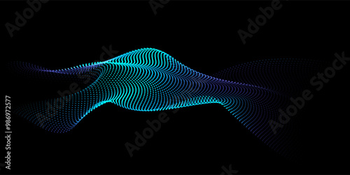 Flowing dots particles wave pattern 3D curve halftone blue green gradient curve shape isolated on black background. Vector in concept of technology, science, music, modern.
