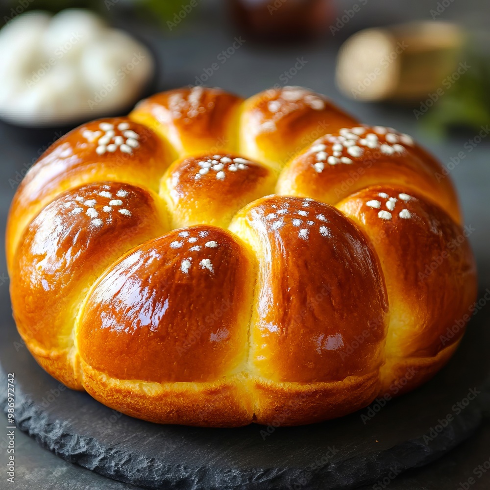 A loaf of bread with sesame seeds on a black plate
