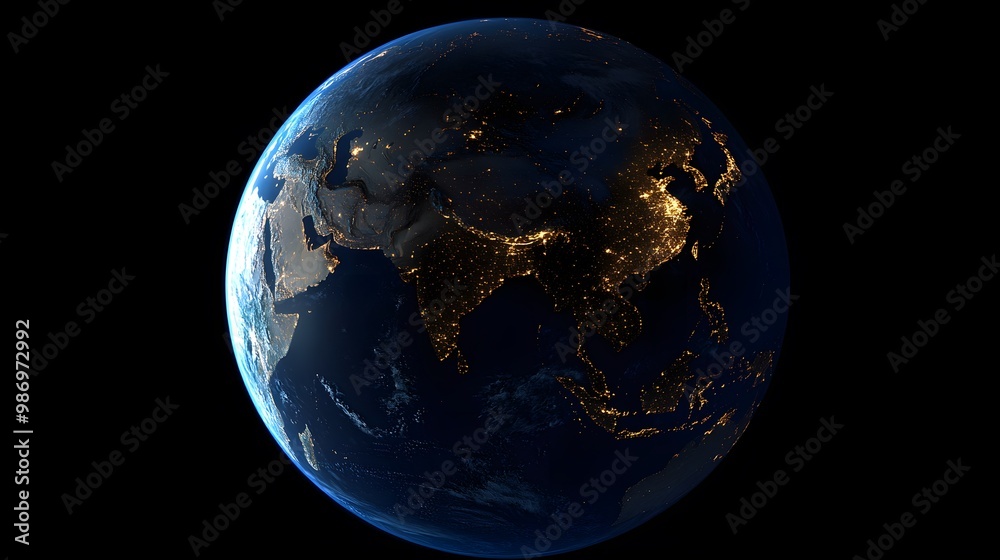 Satellite view of Earth globe from space, city lights by night, featuring the East Asia region and China. Satellite view of Earth globe from space, city lights by night, featuring the East Asia region and China.