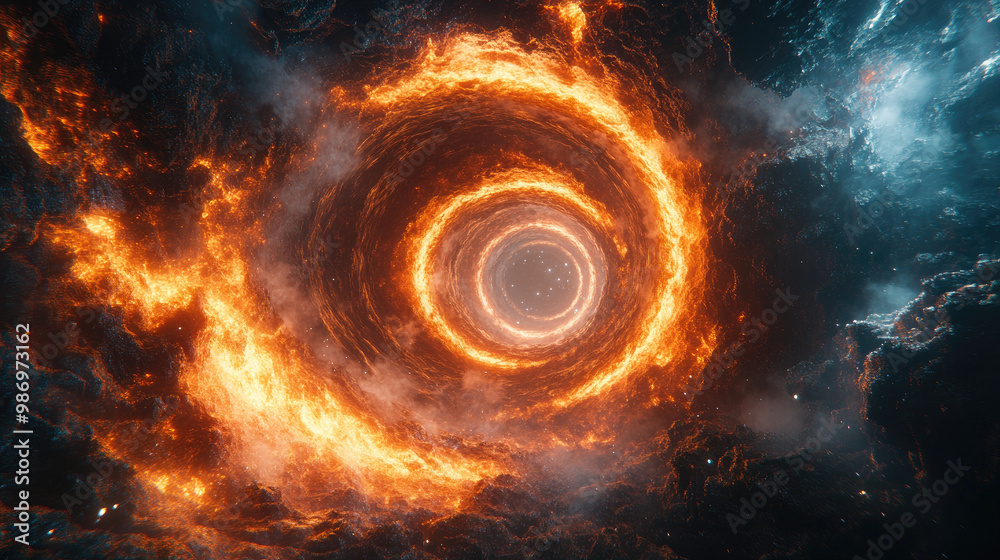 A stunning vortex of fire and smoke swirling in a cosmic expanse. A stunning vortex of fire and smoke swirling in a cosmic expanse.