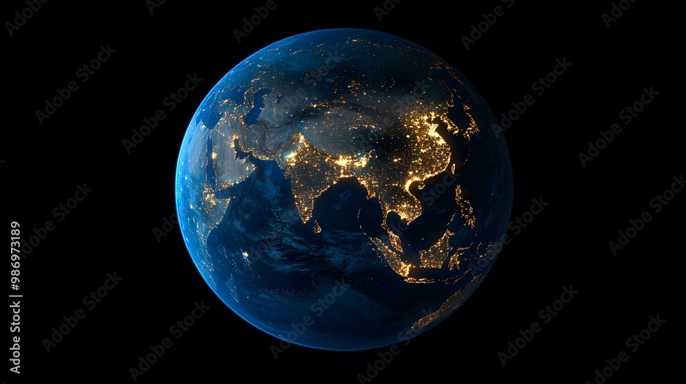 Fototapeta premium Satellite view of Earth globe from space, city lights by night, featuring the East Asia region and China.