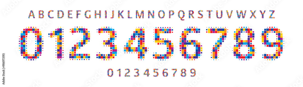 Colorful mosaic font, pixelated square shapes numbers and letters for digital logos, sports branding, jersey numbers, team merchandise. Vector typeset Colorful mosaic font, pixelated square shapes numbers and letters for digital logos, sports branding, jersey numbers, team merchandise. Vector typeset