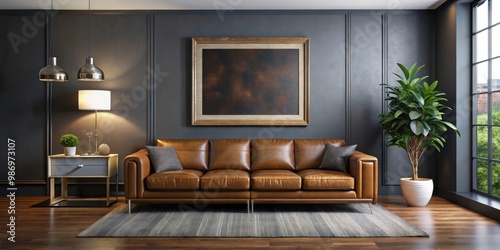 Wallpaper Mural Modern living room featuring a brown leather sofa and a black picture on the wall Torontodigital.ca