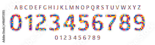 Colorful mosaic font, pixelated square shapes numbers and letters for digital logos, sports branding, jersey numbers, team merchandise. Vector typeset