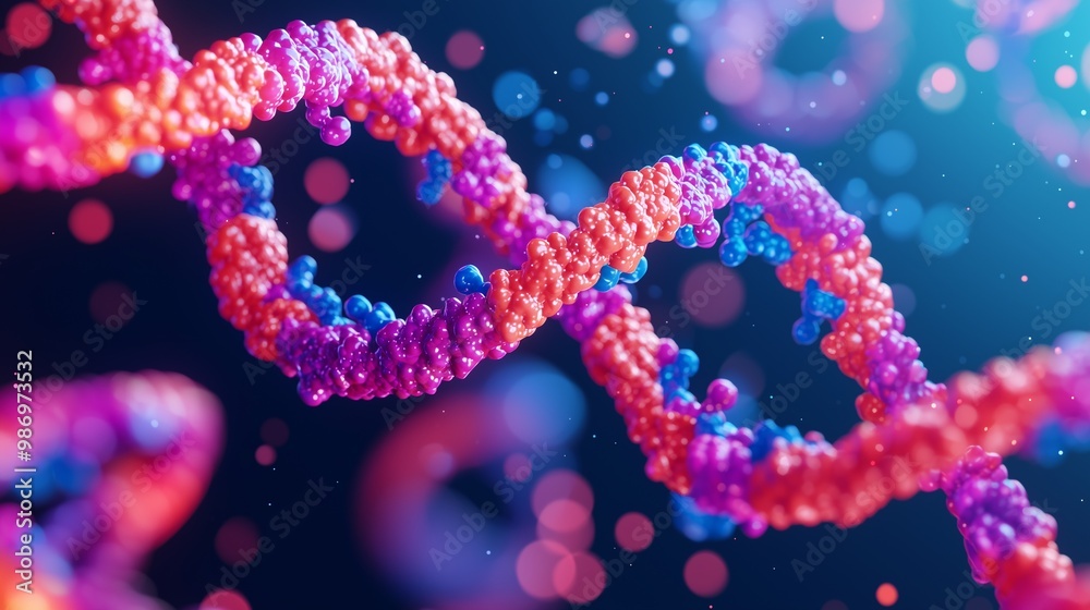 A vibrant depiction of DNA strands showcasing molecular structures in a colorful and dynamic arrangement. A vibrant depiction of DNA strands showcasing molecular structures in a colorful and dynamic arrangement.