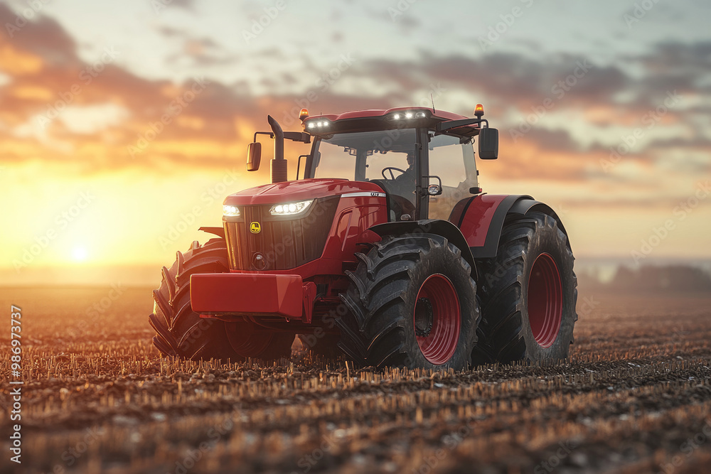 Fototapeta premium Red tractor on field during sunset, agricultural machinery, nature background