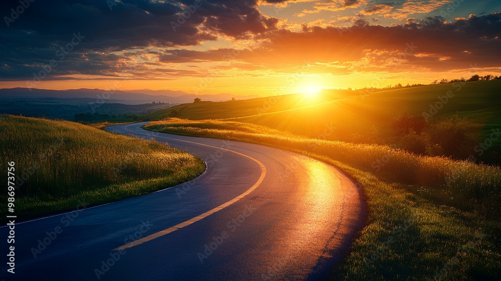 A winding road through lush fields at sunset, casting a beautiful glow and creating a serene landscape scene. A winding road through lush fields at sunset, casting a beautiful glow and creating a serene landscape scene.