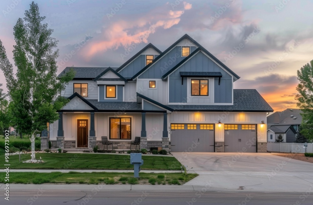 A modern two-story home with a garage, lawn, and driveway, illuminated by the evening light.