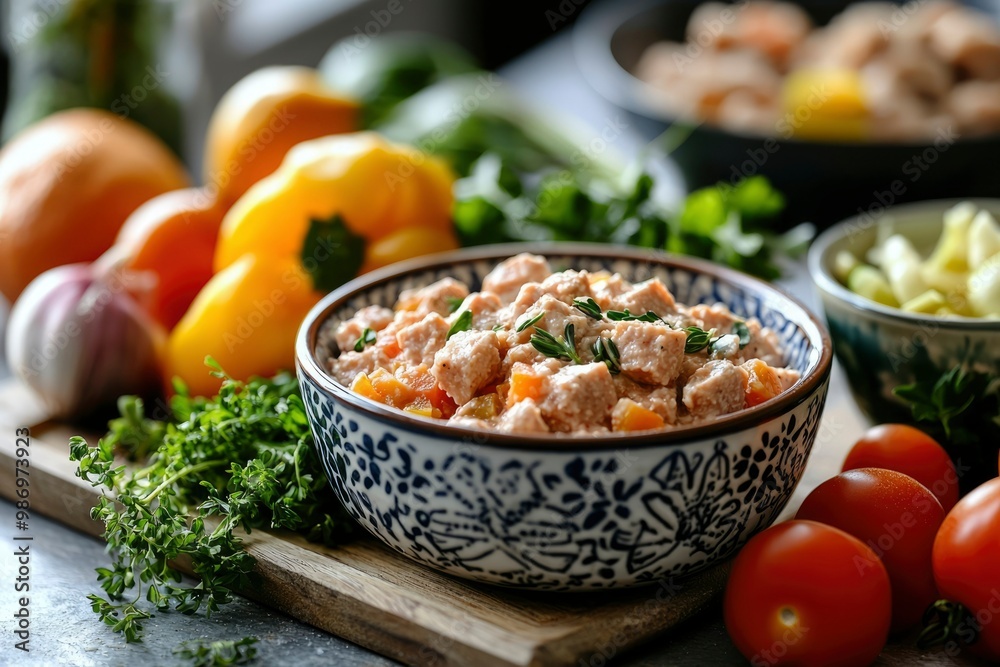 Creamy Chicken and Vegetable Stew in a Blue and White Bowl Creamy Chicken and Vegetable Stew in a Blue and White Bowl