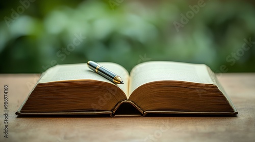 An open book rests on a table, accompanied by a pen, set against a blurred green background, suggesting a tranquil reading or writing atmosphere.