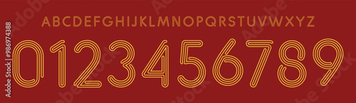 Elegant glowing font, outline style retro smooth curves alphabet for sports branding, jersey numbers, team merchandise. Vector typeset