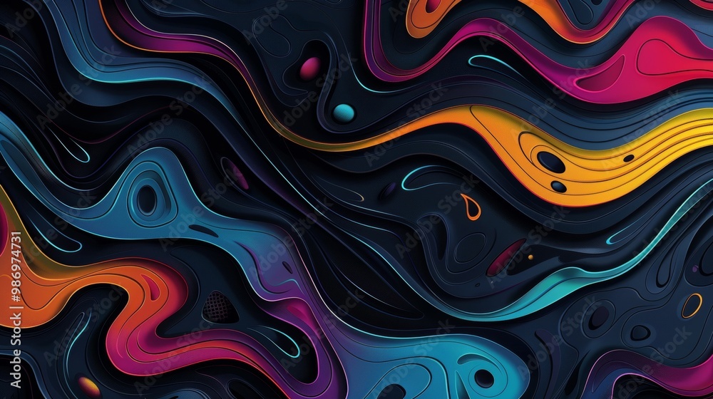 Obraz premium A digitally rendered abstract background with flowing, layered shapes in vibrant colors on a dark background.