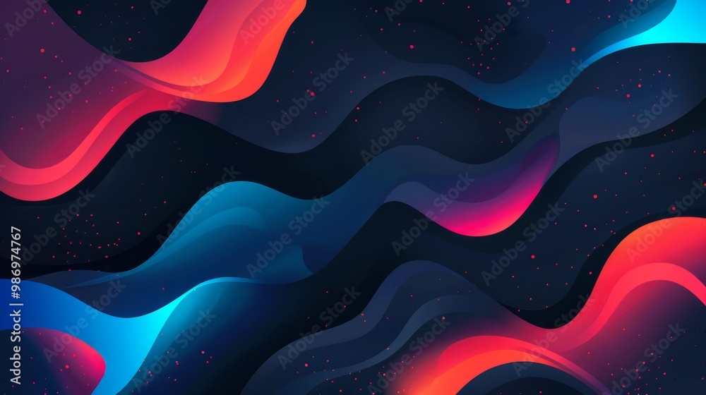 A digital illustration featuring abstract gradient waves in blue and red hues on a dark blue background with scattered red dots.