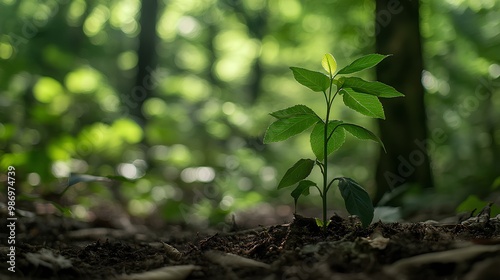 Wallpaper Mural A small green plant emerges from dark soil in a lush forest, surrounded by soft sunlight and blurred greenery, symbolizing growth and vitality. Torontodigital.ca