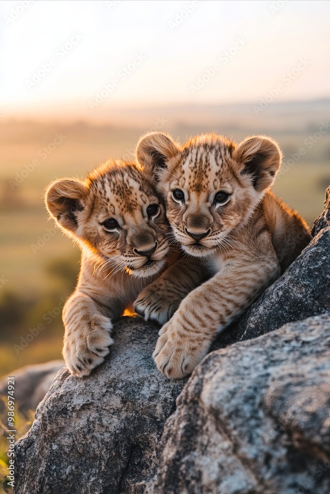 Obraz premium Two lion cubs sitting on top of a large rock