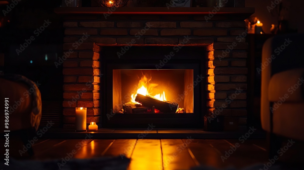 A fireplace with candles in front of it at night A fireplace with candles in front of it at night