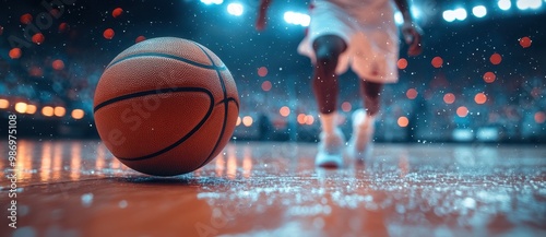 Close-Up of Basketball Player Dribbling on Court with Blurred Spectators and Arena Lights in Background – High-Detail, Ultra-Realistic Sports Photography

 photo