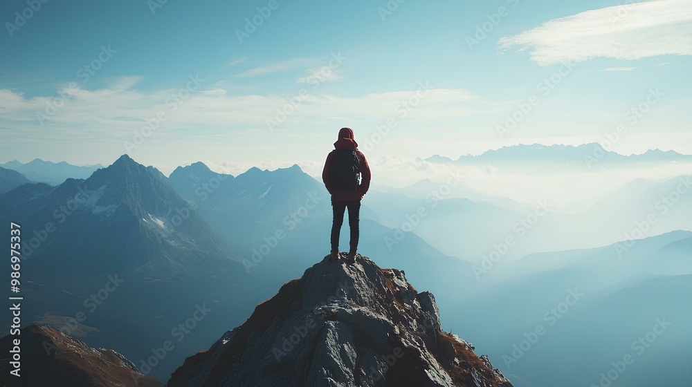 A lone hiker stands atop a majestic mountain peak, surrounded by misty valleys and rugged ridges, basking in stunning natural beauty under a clear blue sky. A lone hiker stands atop a majestic mountain peak, surrounded by misty valleys and rugged ridges, basking in stunning natural beauty under a clear blue sky.
