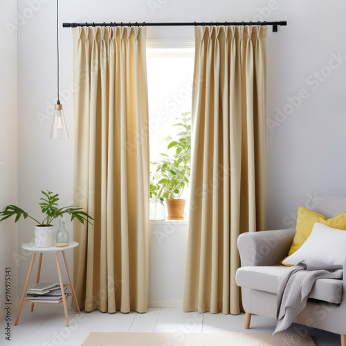 Heavy fabric curtains in modern bedroom, white walls and wooden furniture, miminal interior design