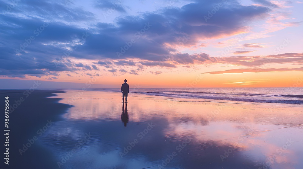 A person standing alone on a beach at sunset, reflecting on the calm waters and colorful sky, creating a serene and contemplative atmosphere. A person standing alone on a beach at sunset, reflecting on the calm waters and colorful sky, creating a serene and contemplative atmosphere.