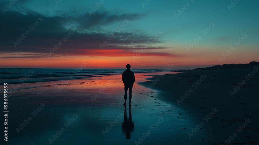 A person stands on a beach at sunset, reflecting on the water as vibrant colors fill the sky, creating a serene and contemplative atmosphere. A person stands on a beach at sunset, reflecting on the water as vibrant colors fill the sky, creating a serene and contemplative atmosphere.