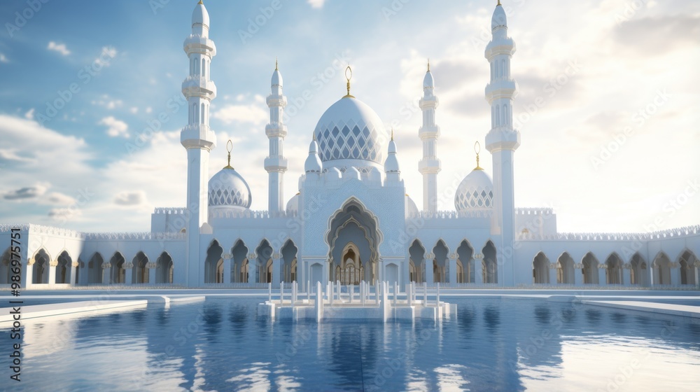 Obraz premium An architectural view of a white mosque with multiple domes and minarets reflecting in a still pool of water.