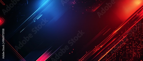 A dark abstract background with diagonal lines and glowing effects in red and blue. photo