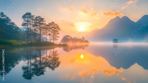 A serene sunrise over a misty lake, surrounded by trees and mountains, reflecting golden hues on the water's surface.
