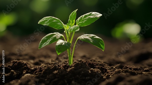 A small green plant with vibrant leaves emerges from rich, dark soil, symbolizing growth and new beginnings in a lush environment. photo