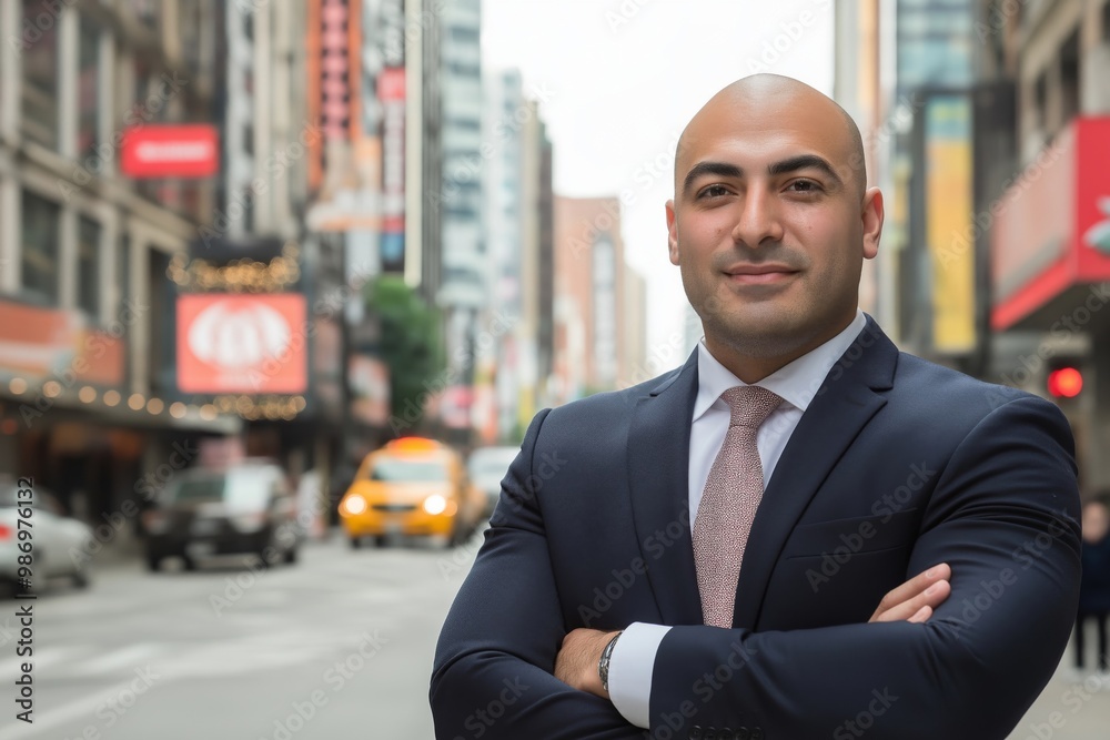 A confident businessman in a suit with crossed arms standing in a busy city street, with blurred traffic and buildings in the background, showcasing leadership and success A confident businessman in a suit with crossed arms standing in a busy city street, with blurred traffic and buildings in the background, showcasing leadership and success