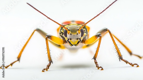 A close up of a yellow and black insect on a white surface photo