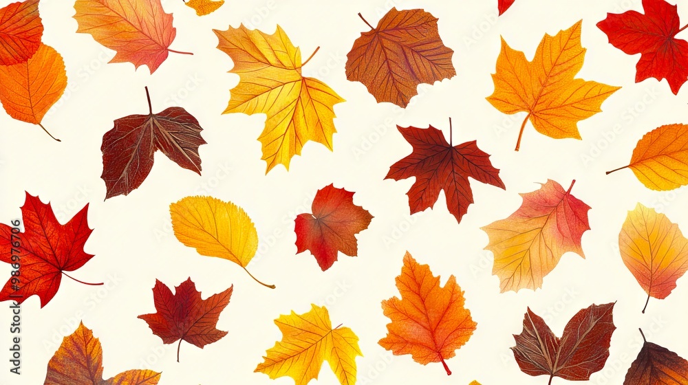 A bunch of colorful autumn leaves on a white background A bunch of colorful autumn leaves on a white background