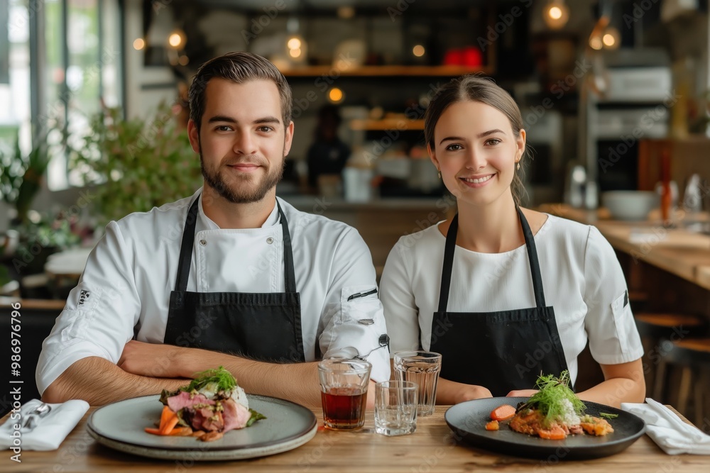 A pair of chefs sit together at a restaurant table, proudly displaying their dishes. The professional atmosphere and the beautifully plated meals highlight their culinary skills A pair of chefs sit together at a restaurant table, proudly displaying their dishes. The professional atmosphere and the beautifully plated meals highlight their culinary skills