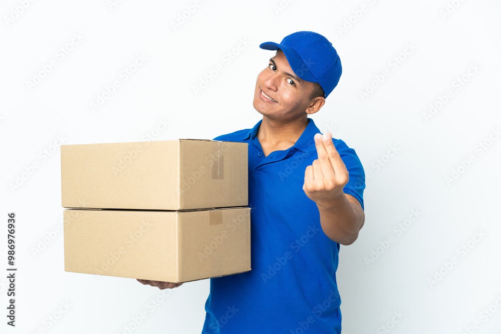 Delivery Ecuadorian man isolated on white background making money gesture Delivery Ecuadorian man isolated on white background making money gesture