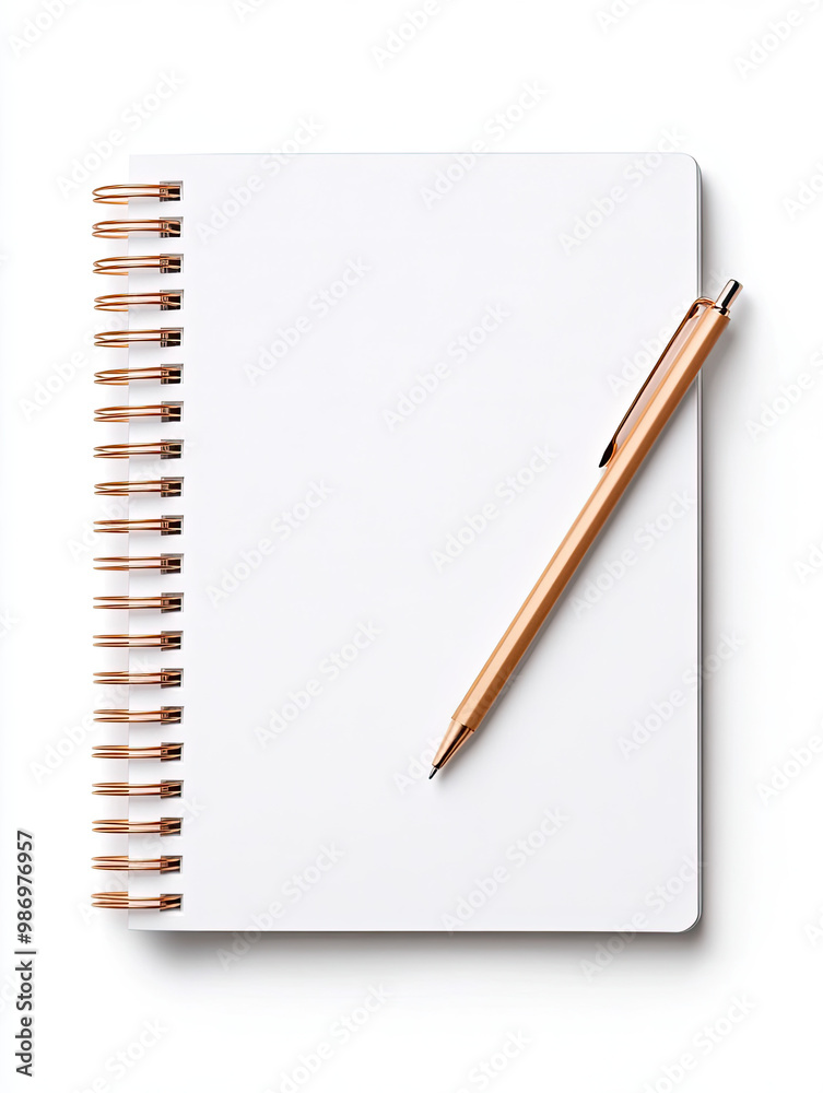 Blank notebook with spiral binding and a gold pen on a white background. Blank notebook with spiral binding and a gold pen on a white background.