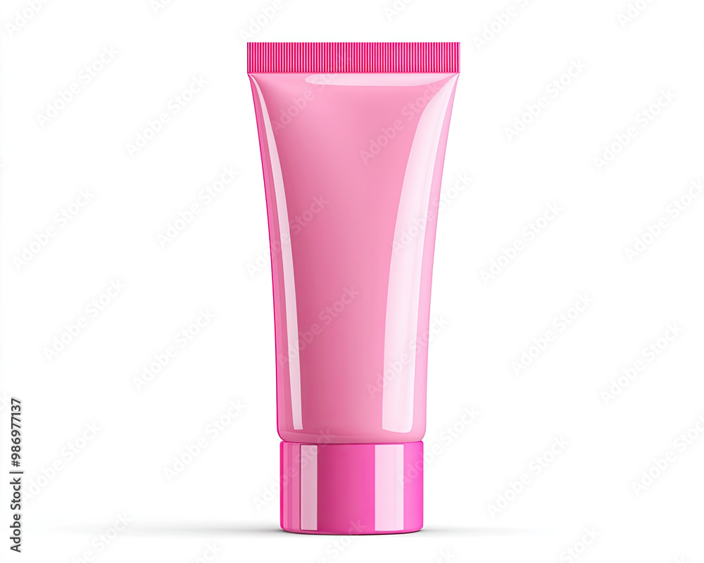 Pink cosmetic tube, white isolated background.