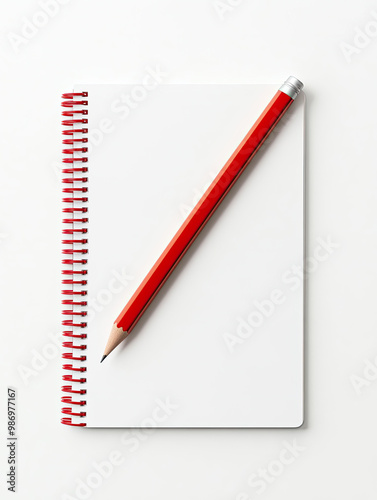 Red pencil on a blank spiral notebook with white background.