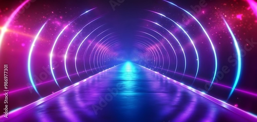 Enchanting tunnel filled with vibrant neon beams and colorful lights, creating a surreal atmosphere. The reflective path draws the viewer towards the light. Stage Light Backdrop Concept