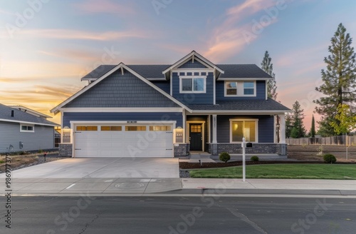 A modern two-story blue house with white garage doors and a concrete driveway.