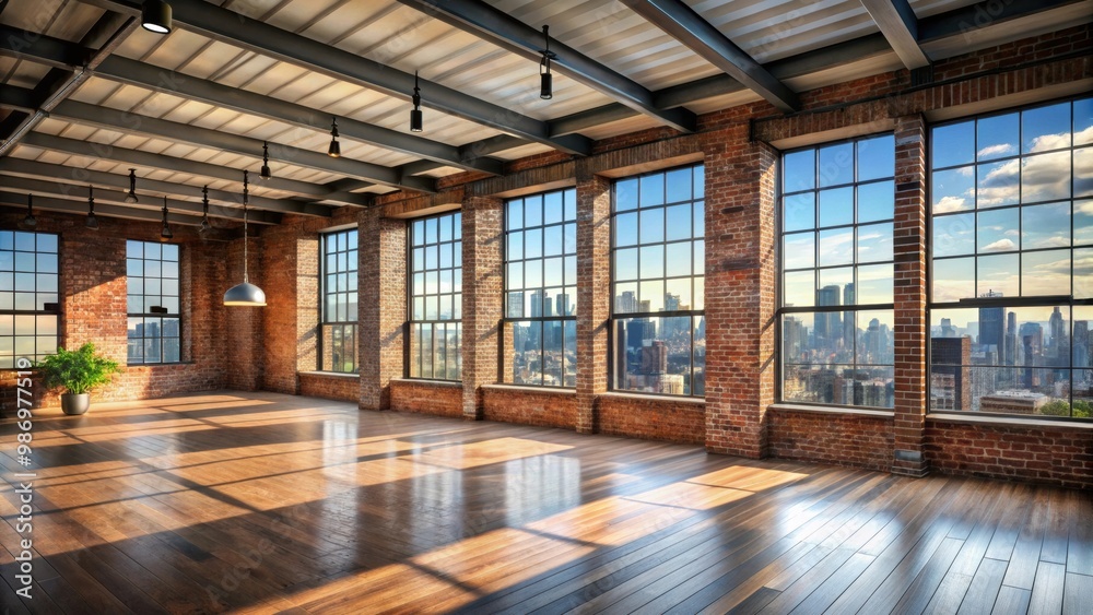 Industrial loft apartment with panoramic view of city skyline and exposed brick walls